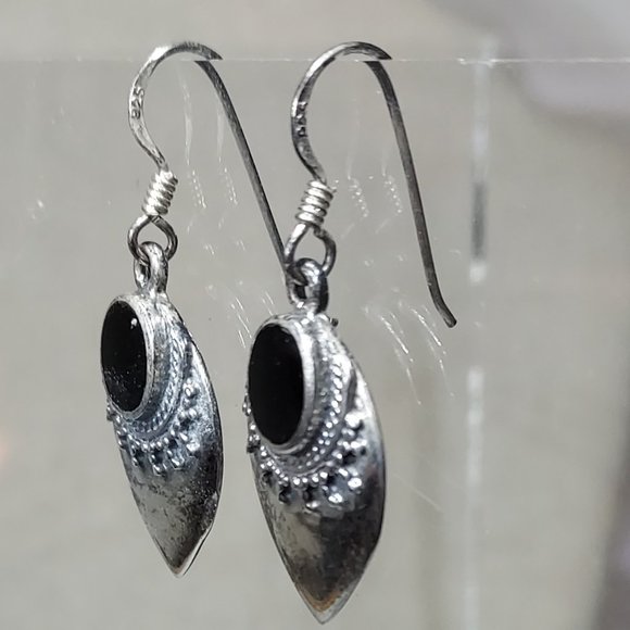 Earrings- sterling onyx tear drop with dotted details - Picture 2 of 4